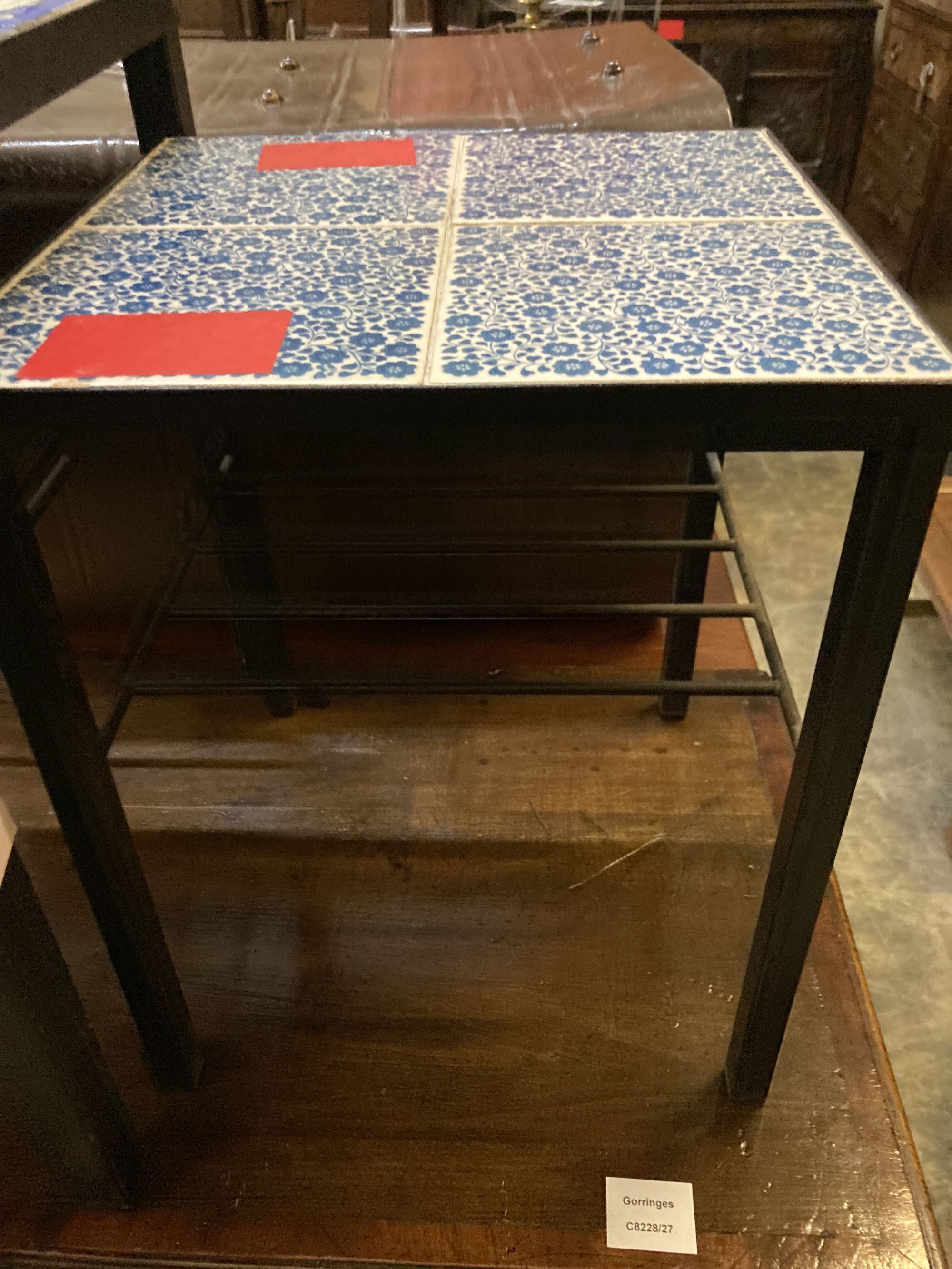 Two mid century design square tiled top occasional tables, larger 41cm, height 46cm
